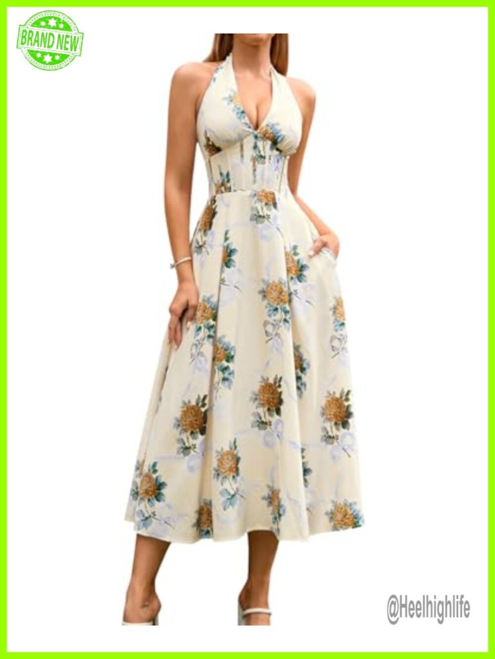 Floral Halter V-Neck Midi Dress A-Line Corset Smocked Wedding Guest